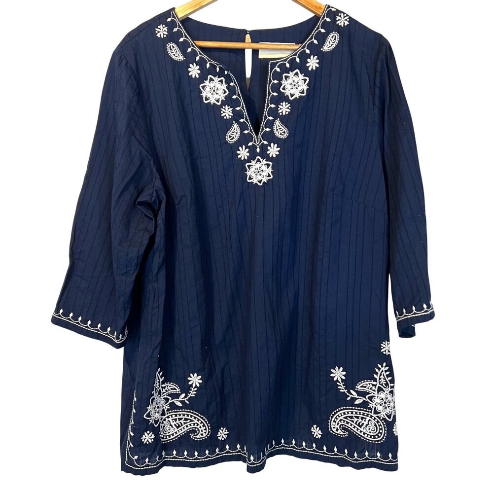 Alfred Dunner Womens Navy White Embroidery Tunic Top 16 Coastal Nautical Beach